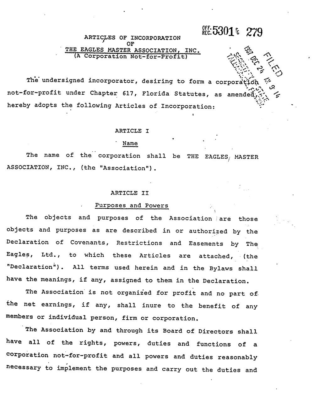 Articles of Incorporation for The Eagles Master Association