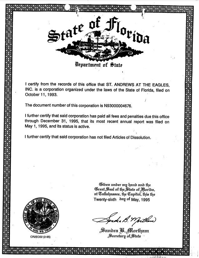 Articles of Incorporation for St. Andrews at the Eagles
