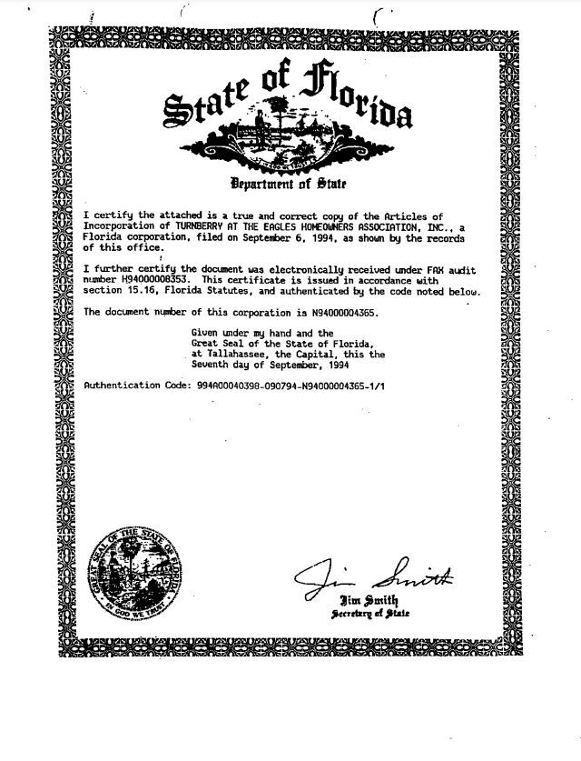 Articles of Incorporation for Turnberry at the Eagles