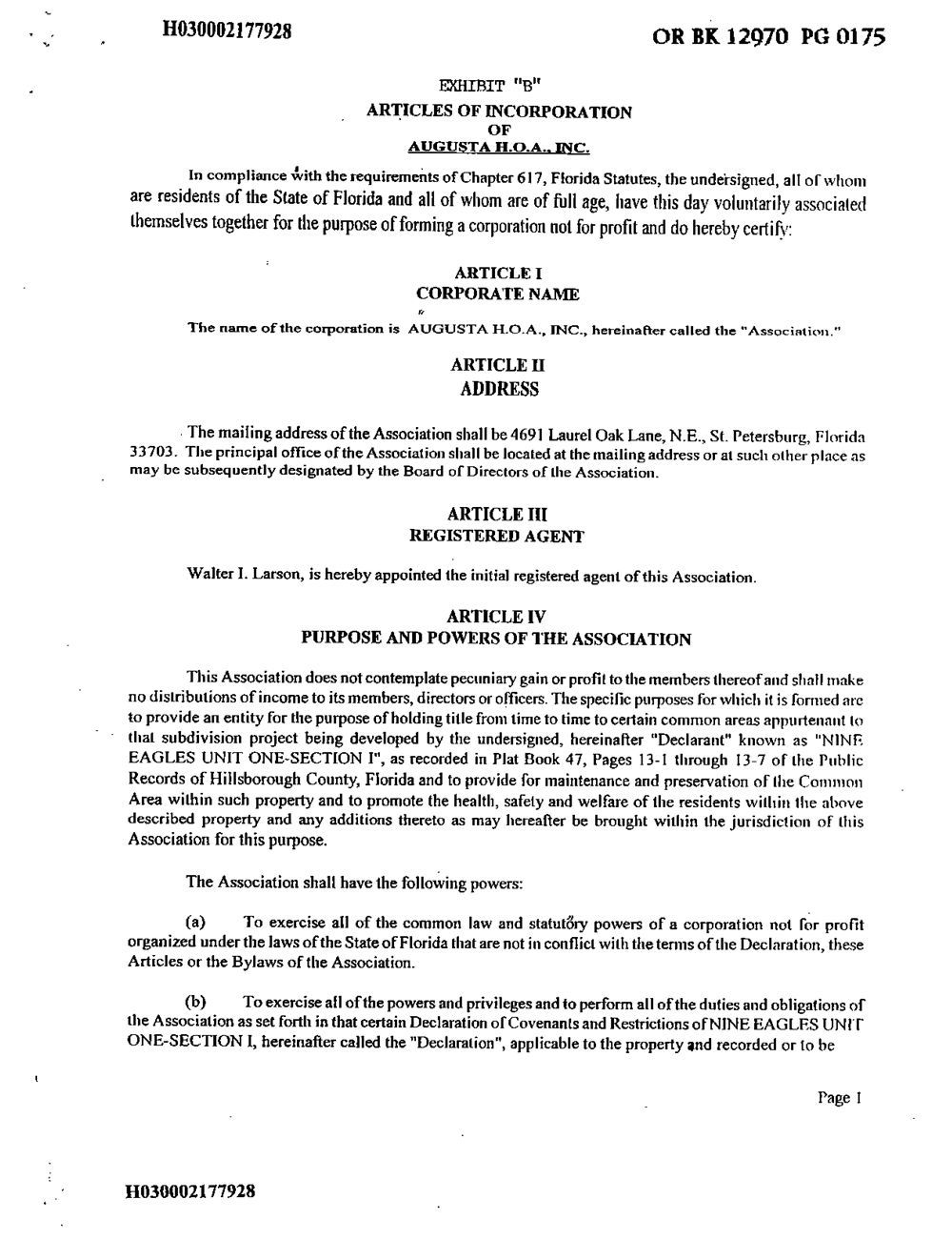 Articles of Incorporation for Augusta HOA