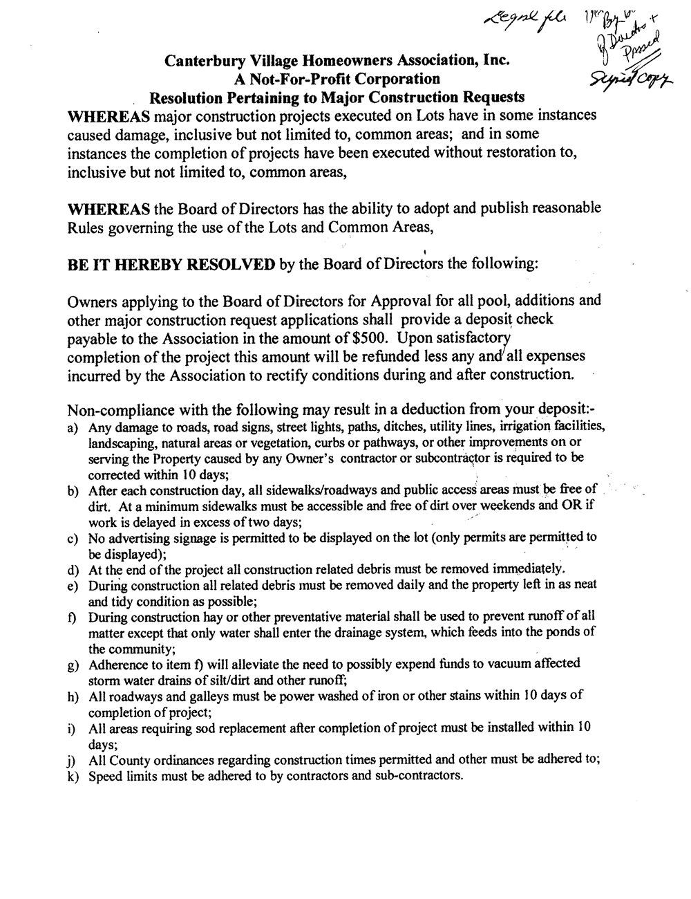 Board Resolution Deposit Requirement for Major Construction Projects on Lots