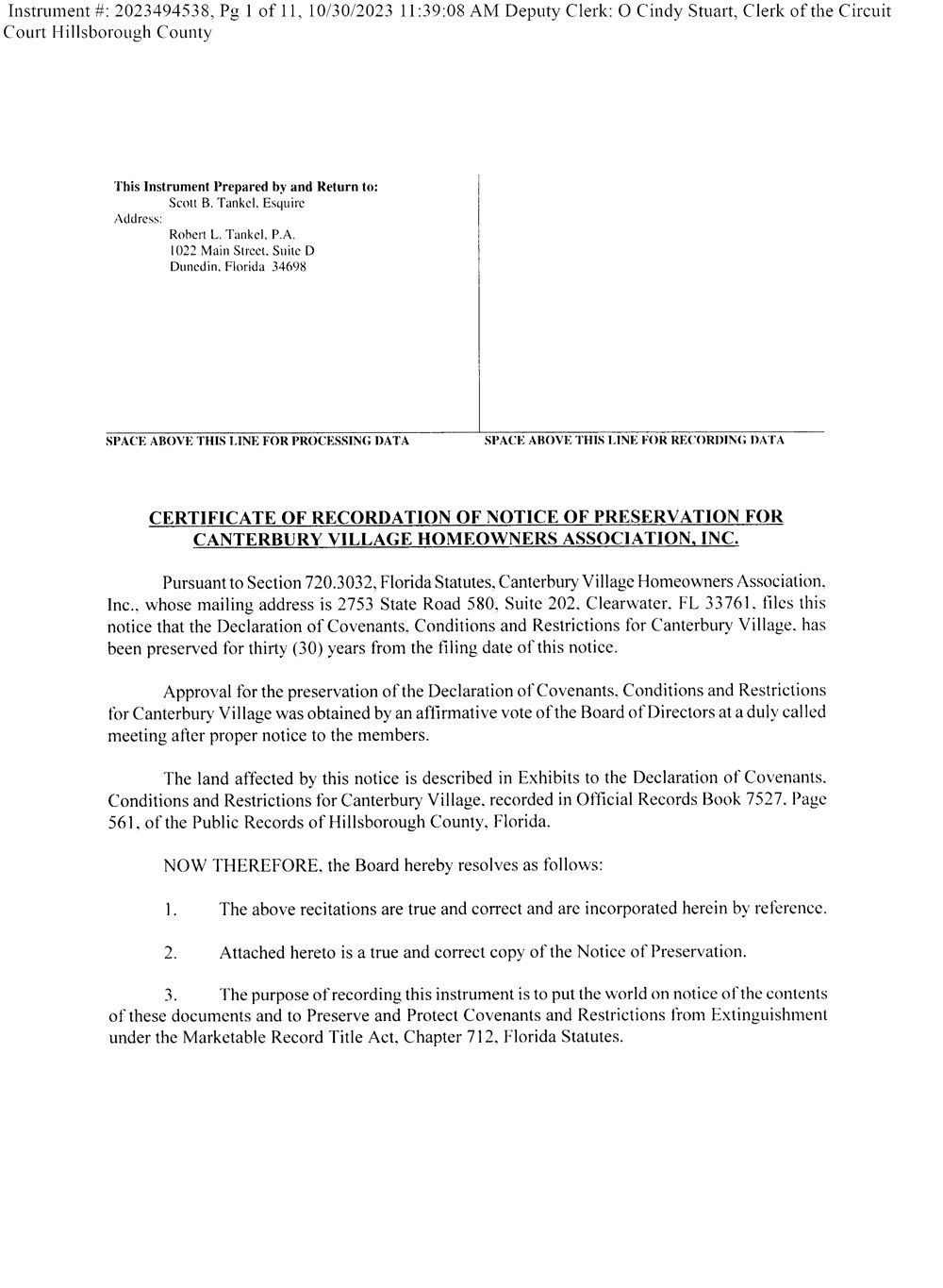 Notice to preserve & protect Covenants & Restrictions from extinguishment (recorded copy)