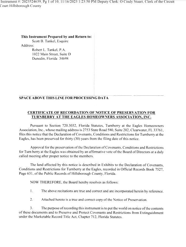 Notice to preserve & protect Covenants & Restrictions from extinguishment (recorded copy)