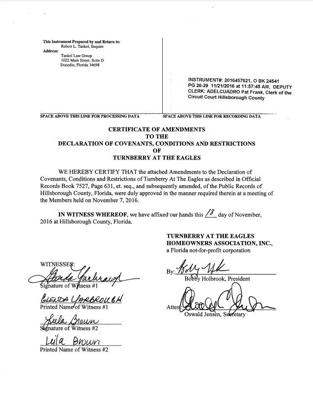 Declaration of Covenants & Restrictions Amendment 2016