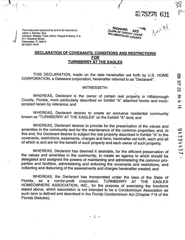 Declaration of Covenants & Restrictions & First to Third Amendments for Turnberry at the Eagles