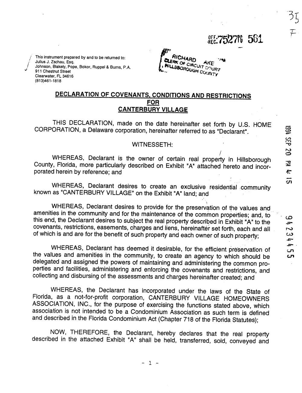 Declaration of Covenants, Conditions & Restrictions for Canterbury Village