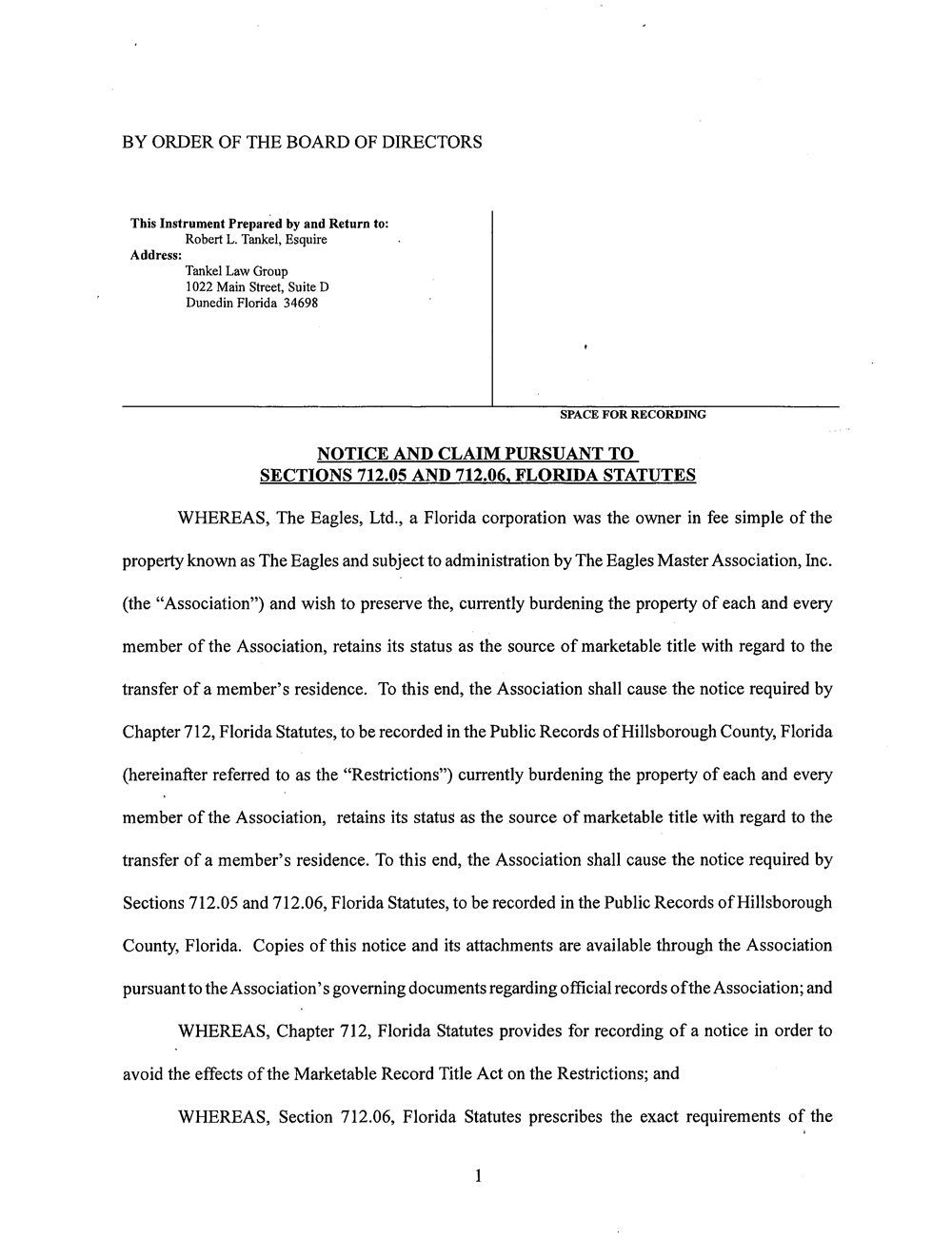 Declaration of Covenants, Restrictions & Easements for The Eagles Master Association - Extension Filing
