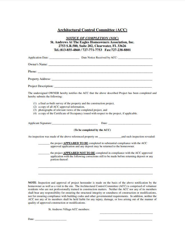 St. Andrews Village ACC Notice of Completion Form