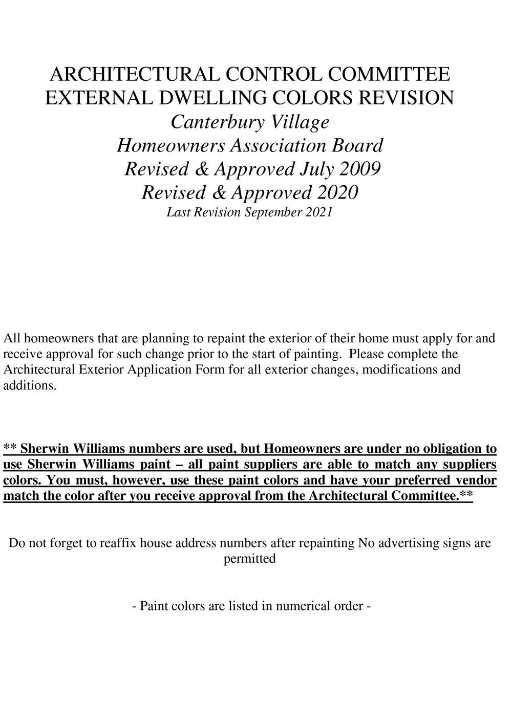 Pre-Approved House Colors for Canterbury Village