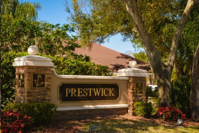 A sign in front of a house that says priestwick