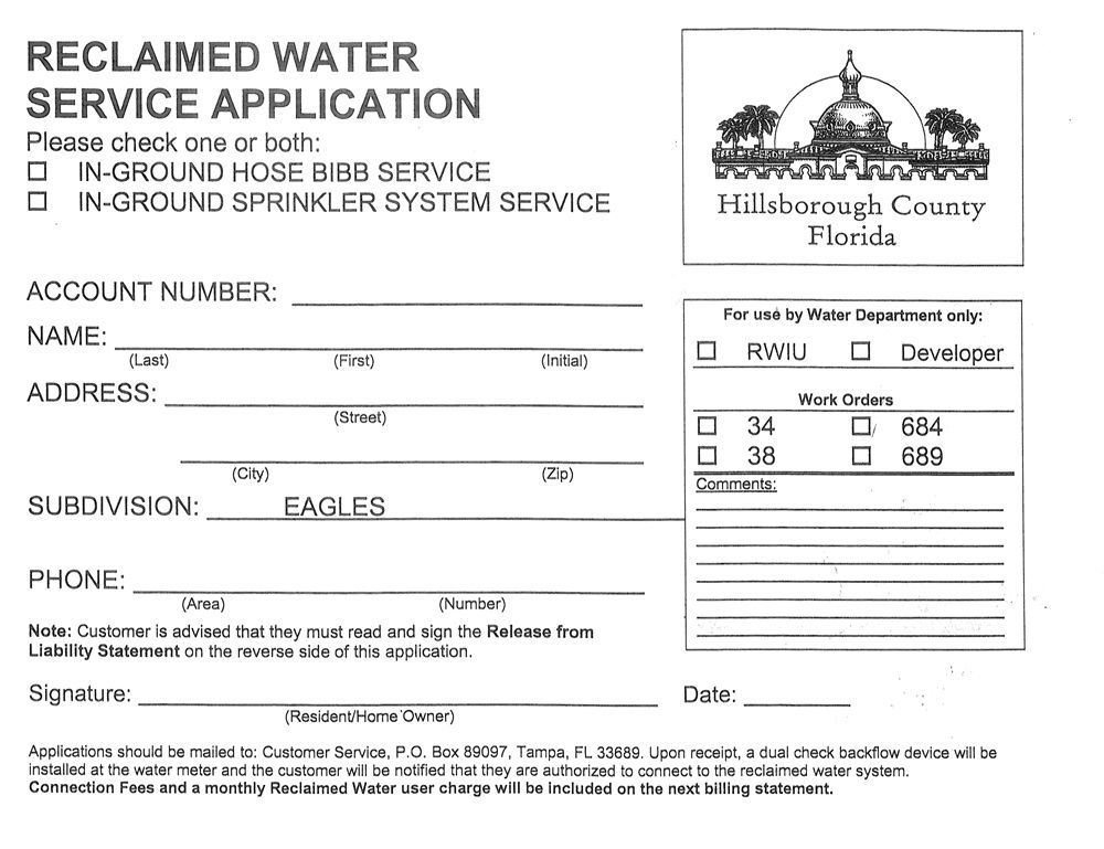 A reclaimed water service application form for hillborough county florida