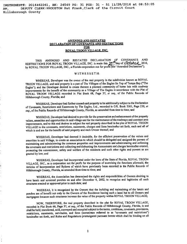 Declaration of Covenants and Restrictions & Amendments for Royal Troon Village