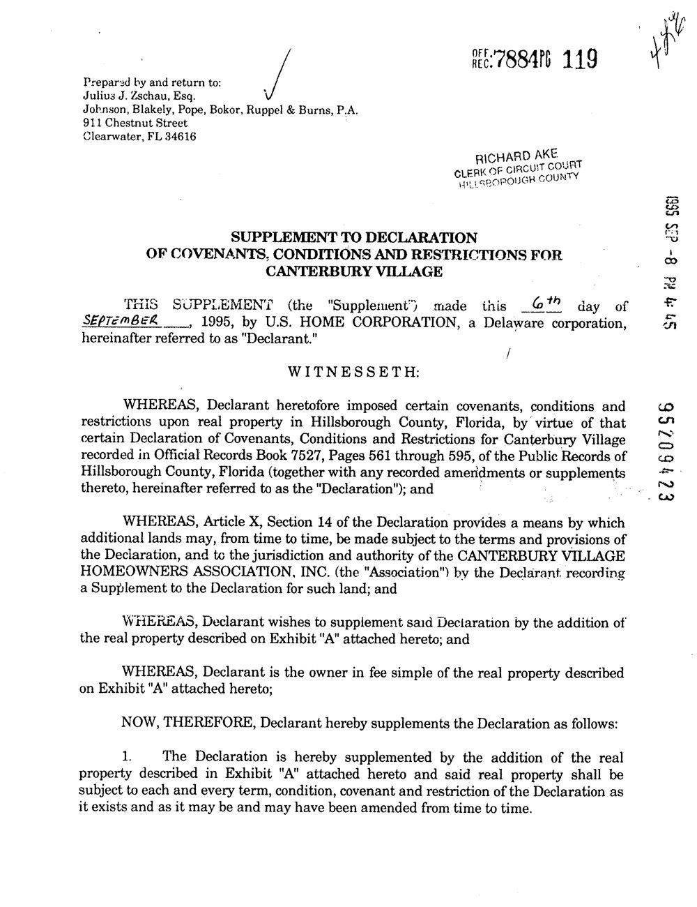 Supplements 1995-2001 to Declaration of Covenants, Conditions & Restrictions for Canterbury Village