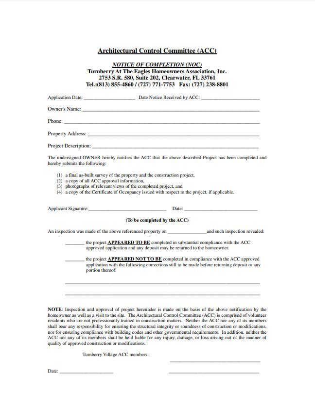 Turnberry Village ACC Notice of Completion Form