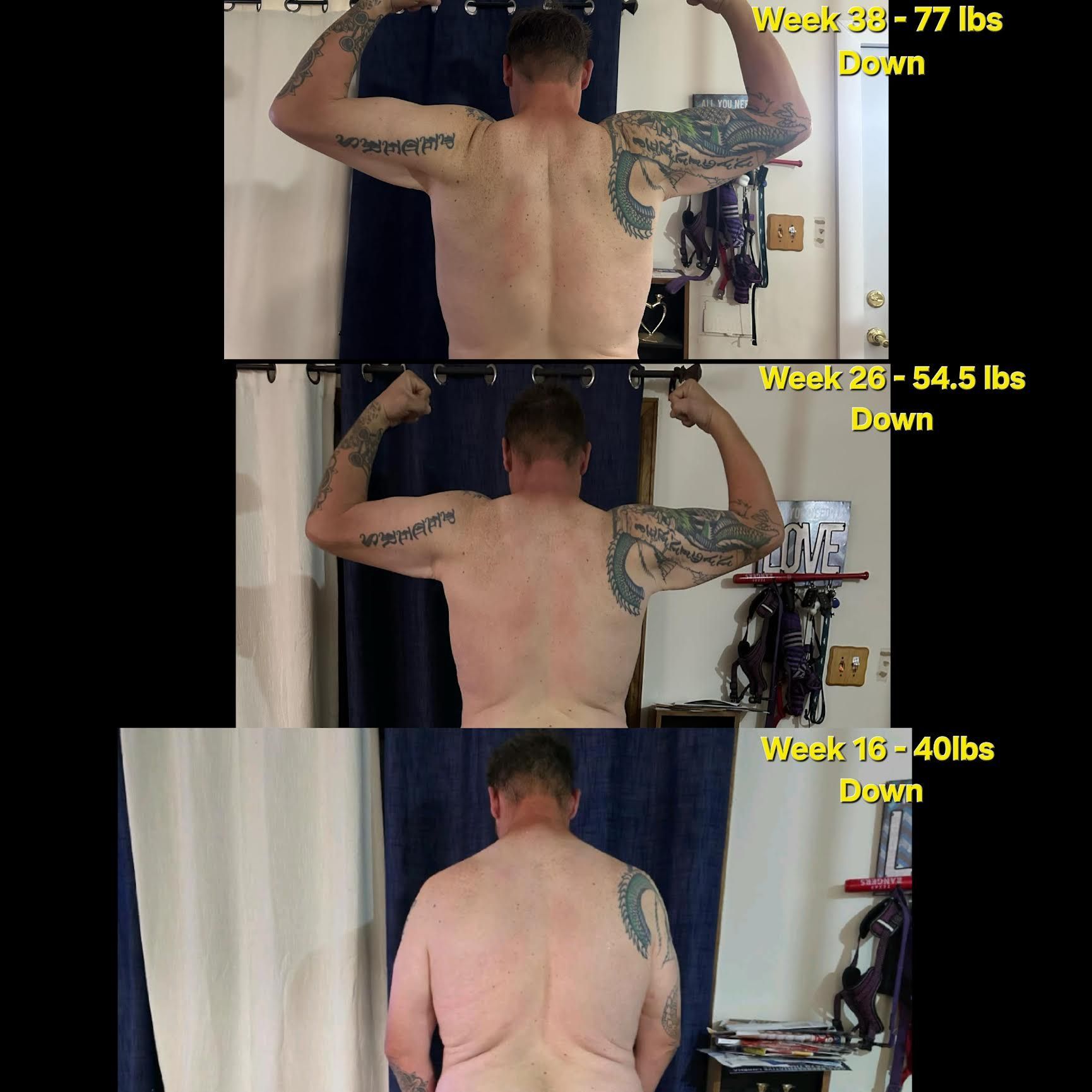 Progress photos of a person flexing, showing weight loss over weeks: 40 lbs, 54.5 lbs, and 77 lbs down.