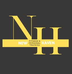 Logo for New Haven Fitness & Personal Training; gold lettering on gray background.