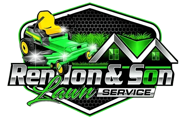 Renlon & Son Lawn Service logo with green mower, grass, and house roofs