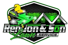Renlon & Son Lawn Service logo with green mower, grass, and house roofs