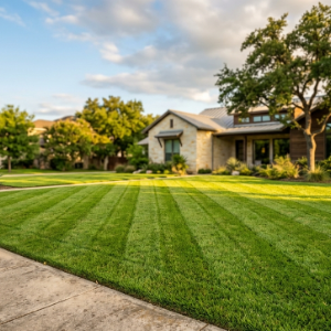 Suburban house with a neatly striped green lawn and trees in warm sunlight