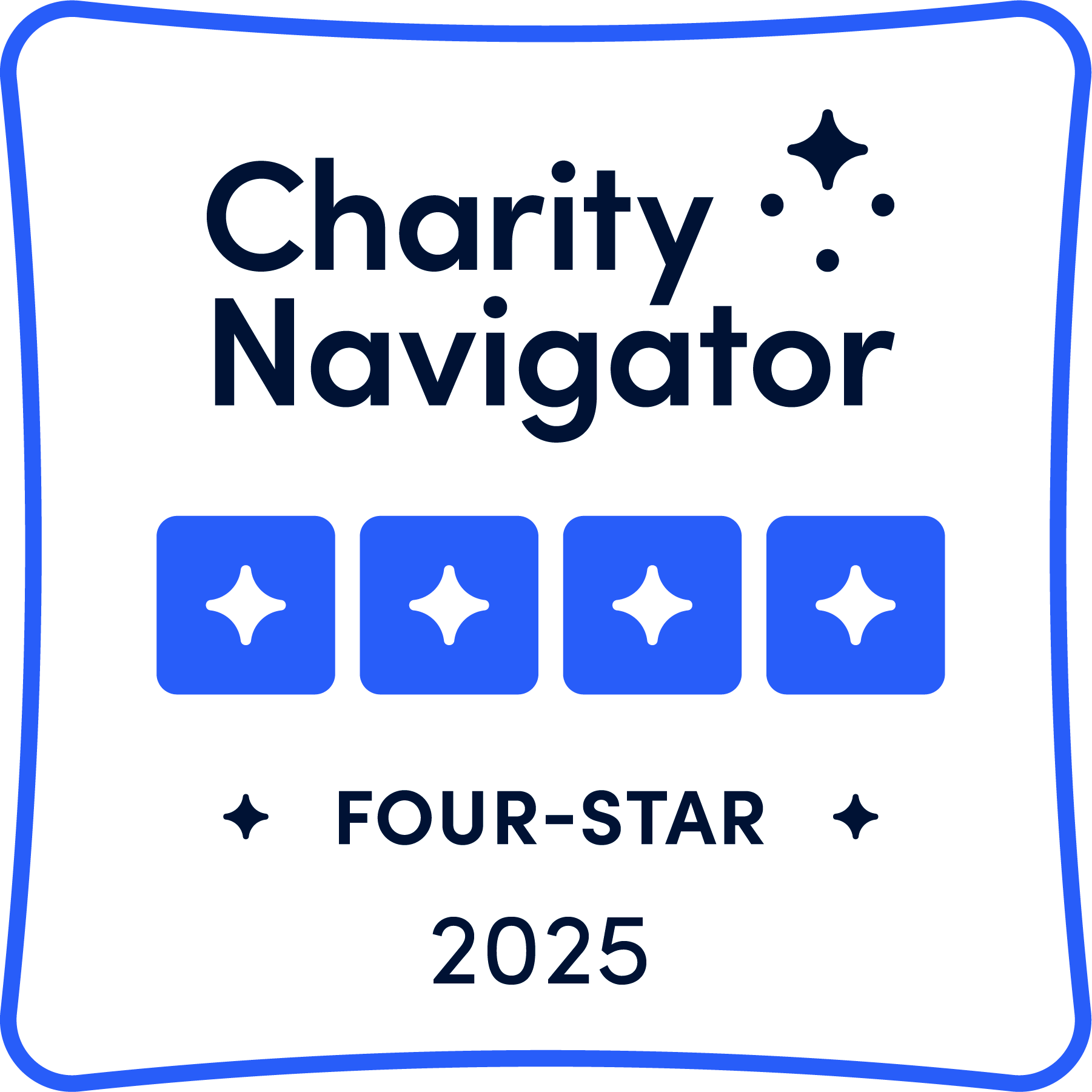 Charity Navigator, four-star rating, 2025. Blue and white badge with four stars.