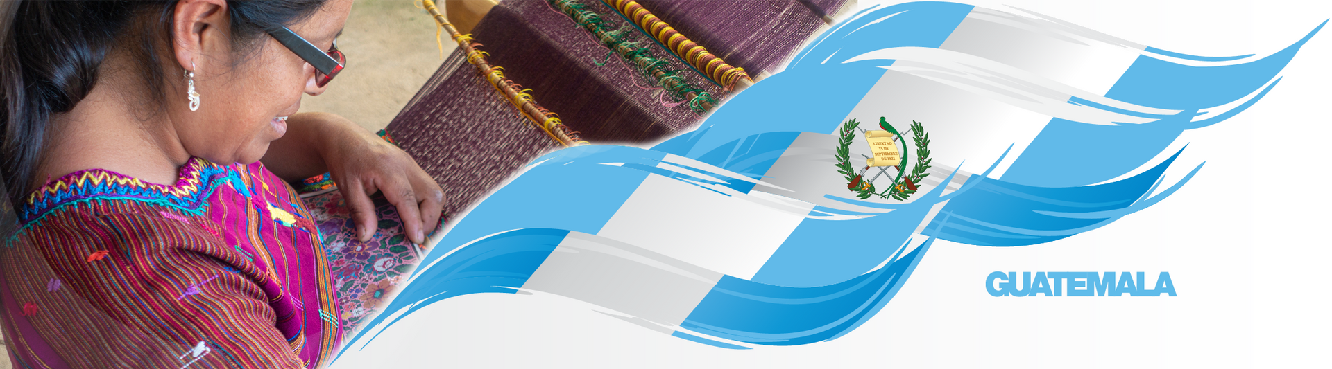 Woman weaving with Guatemalan flag in the background.