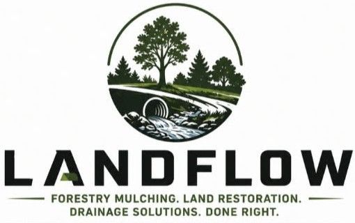 LANDEFLOW logo with trees, stream, and bridge; text: &ldquo;Forestry mulching. Land restoration.&rdquo;