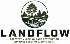 LANDEFLOW logo with trees, stream, and bridge; text: “Forestry mulching. Land restoration.”