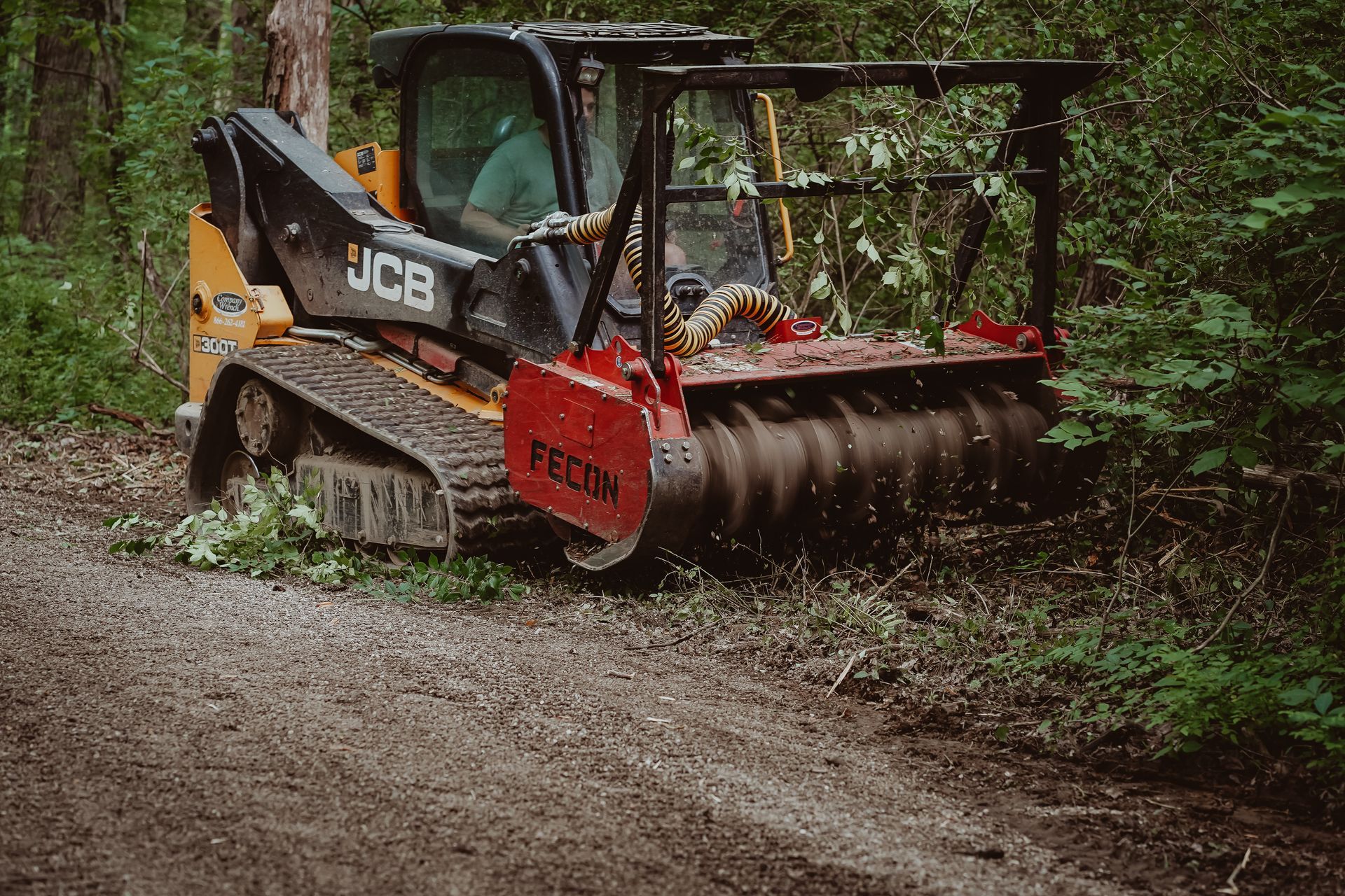 Yellow JCB tracked skid steer clearing brush beside a dirt path in a wooded area