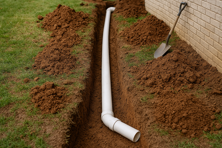 White PVC drain pipe in a trench beside a brick wall, with piles of dirt and a shovel nearby.