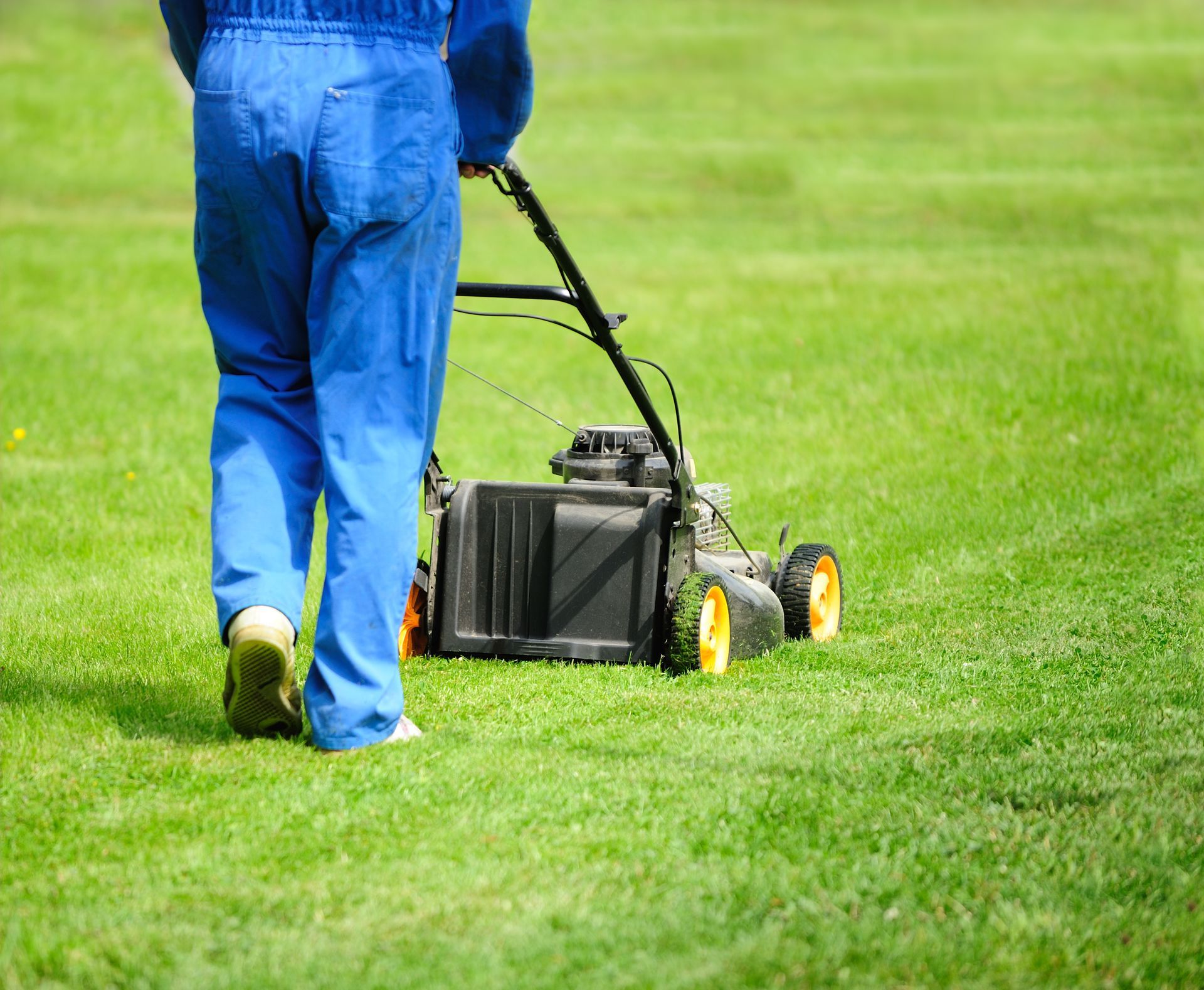 A man in blue overalls is mowing the grass with a lawn mower - Drumore, PA - Tanglewood Lawn Service