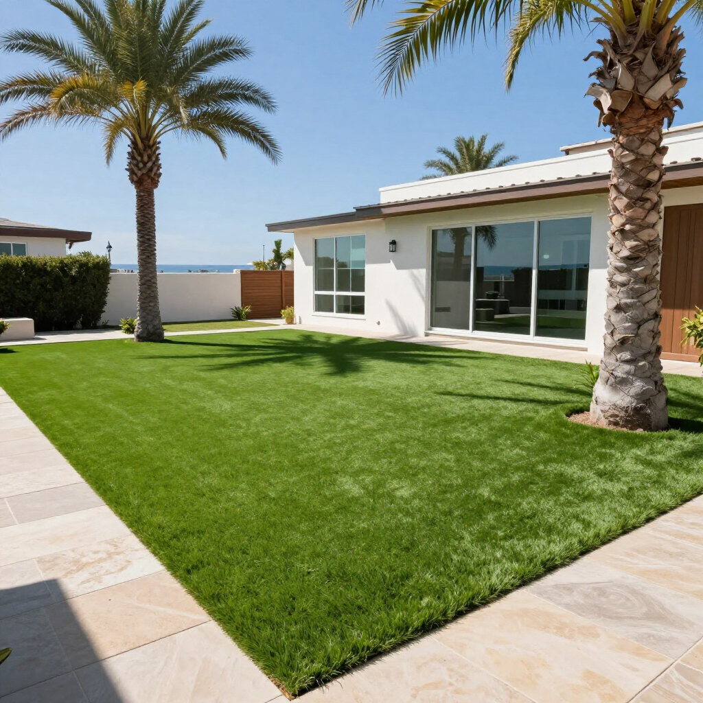 Lush green lawn with palm trees, a modern white house, and a blue sky in a sunny outdoor setting.