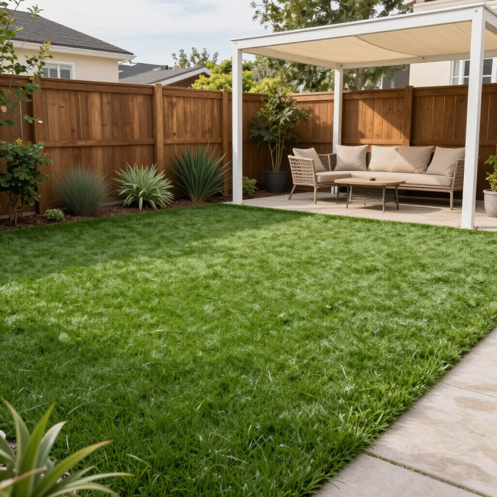 Backyard with green grass, wooden fence, white pergola, and outdoor furniture.