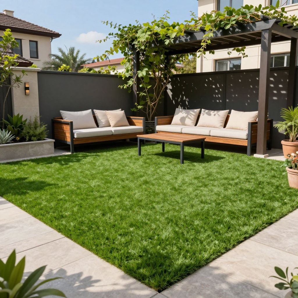 Backyard patio with green turf, wooden sofas, pergola with vines, and neutral-colored stone path.