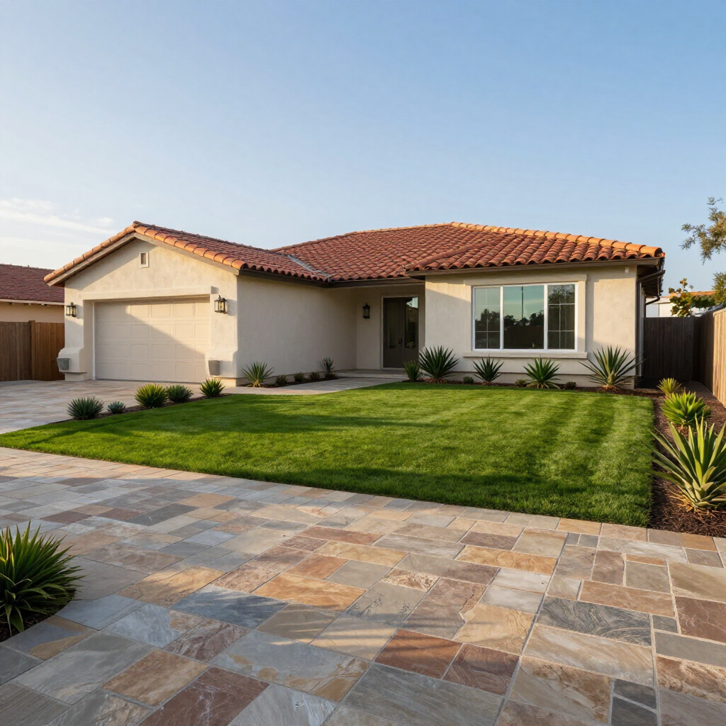 A one-story beige house with a red-tiled roof, green lawn, and stone driveway.