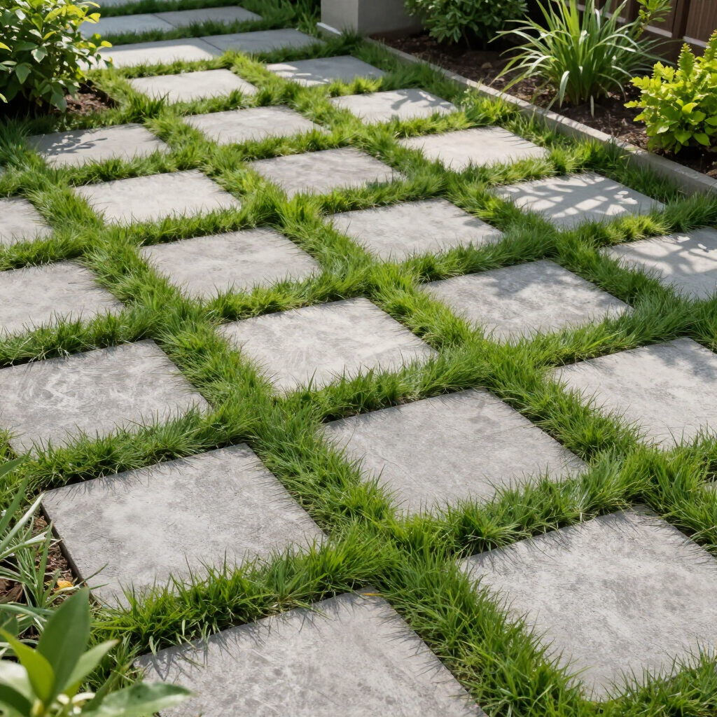 Square stone pavers set in grass pathway in a garden.