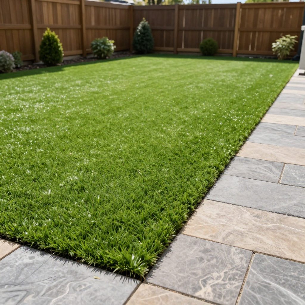 Green artificial turf backyard bordered by stone pavers and a wooden fence.