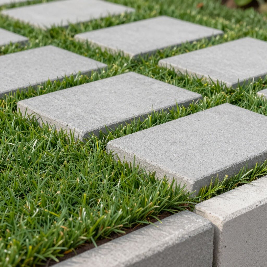Gray rectangular stepping stones in green grass, with a matching border.