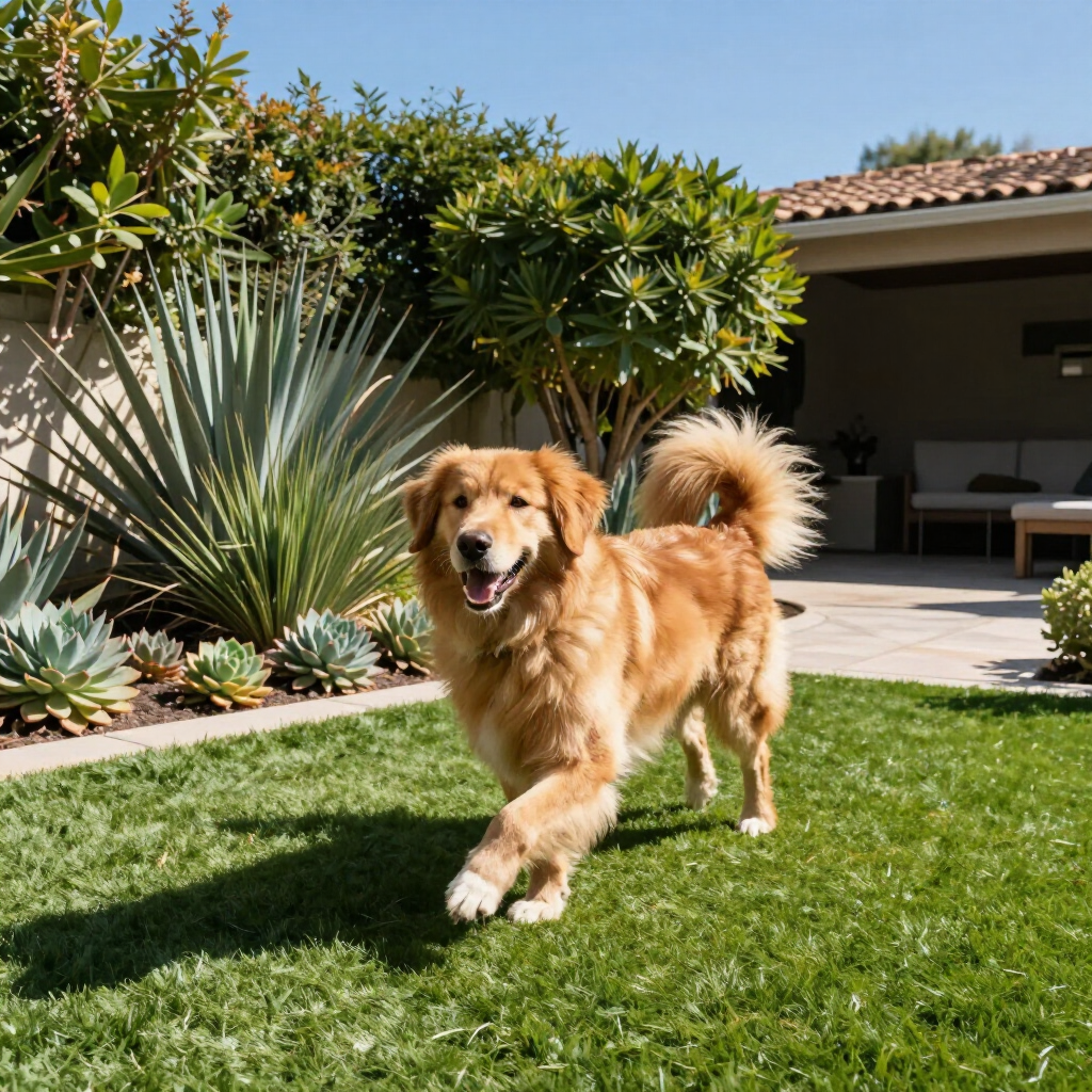 Golden Retriever dog runs on green grass in a sunny backyard.