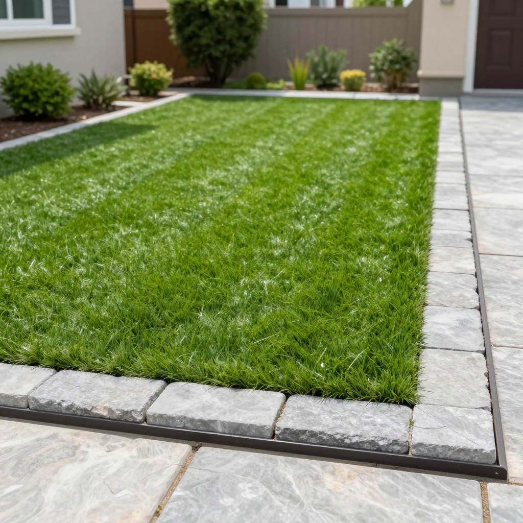Green lawn bordered by gray pavers, set next to a paved driveway.