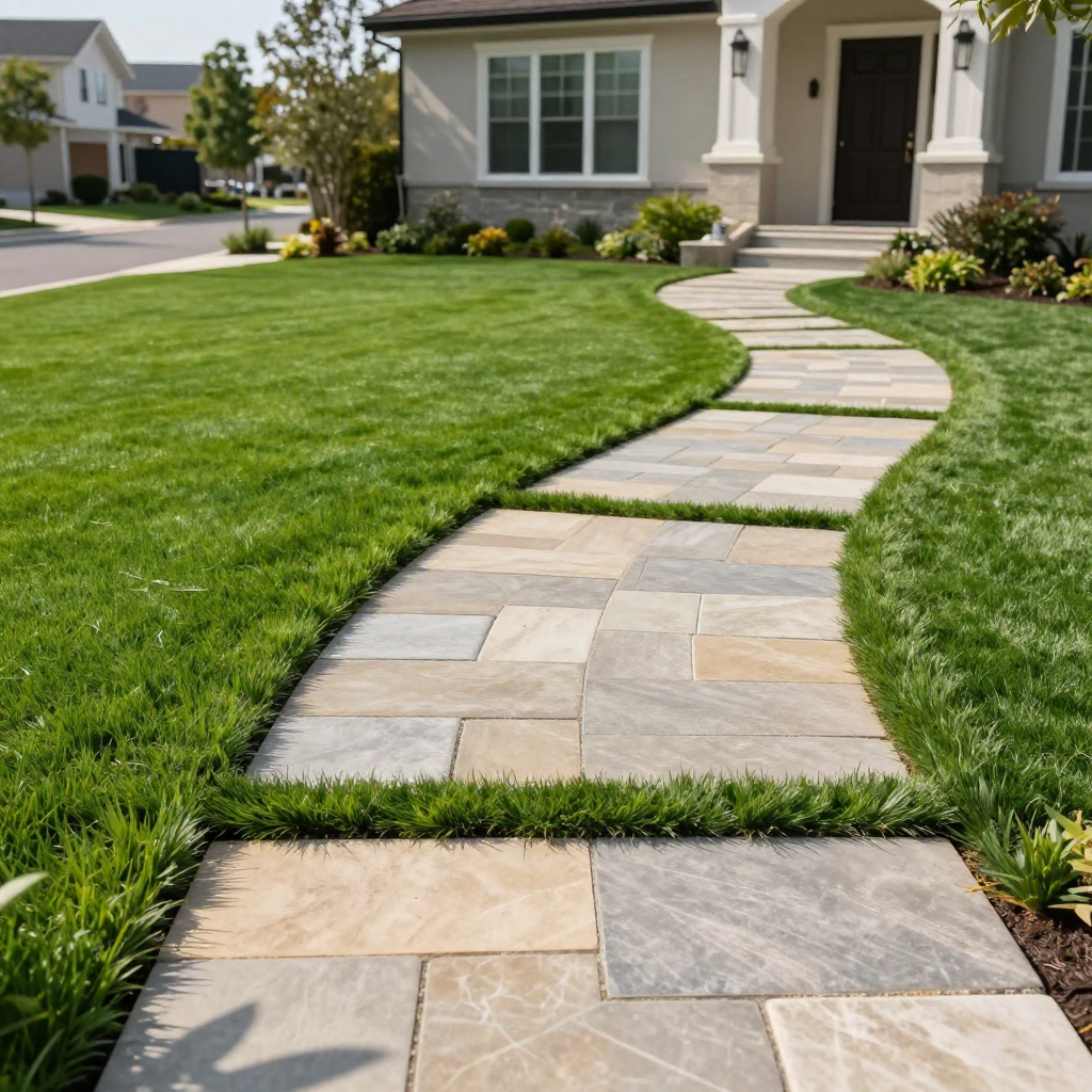 Stone walkway curves through green lawn to a house with a dark door.