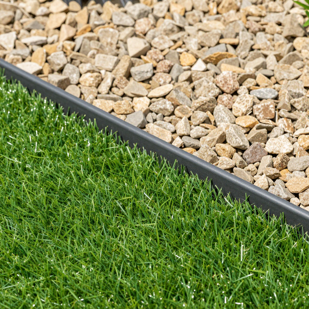 Dark gray edging separates green grass from beige gravel.