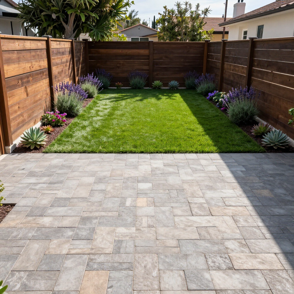 Patio with stone pavers, grass lawn, wood fence, and lavender plants.