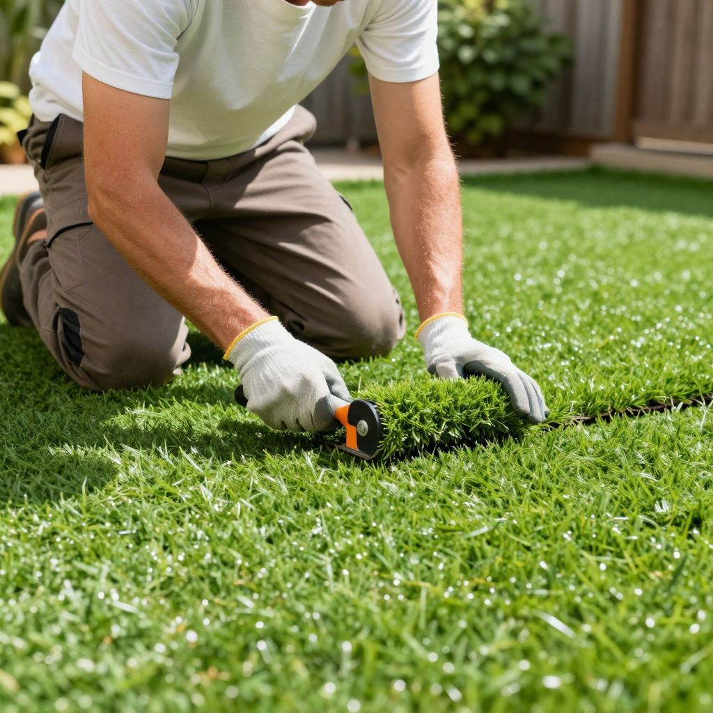 Person kneeling, cutting sod with a tool, installing new turf on a lawn.