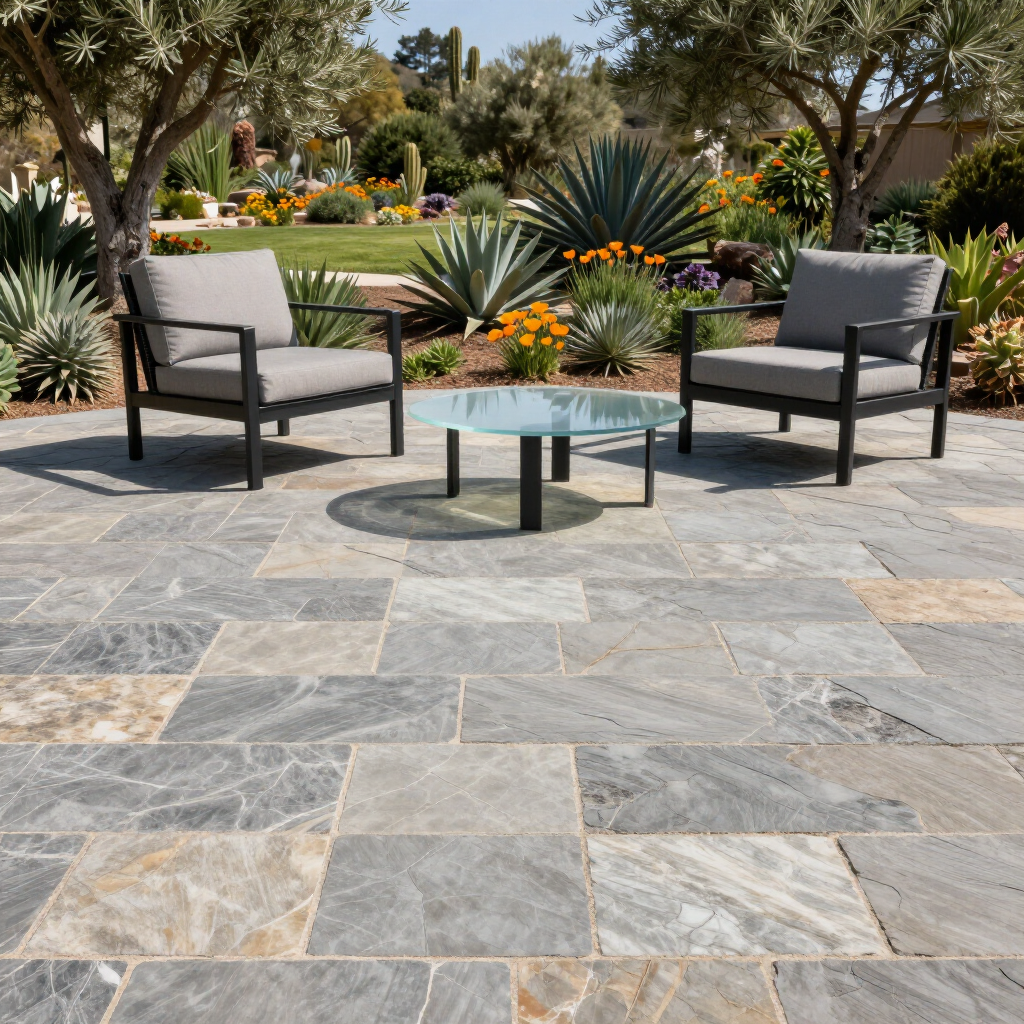 Patio with slate-style tiles, two gray armchairs, a glass-top table, and a garden backdrop.