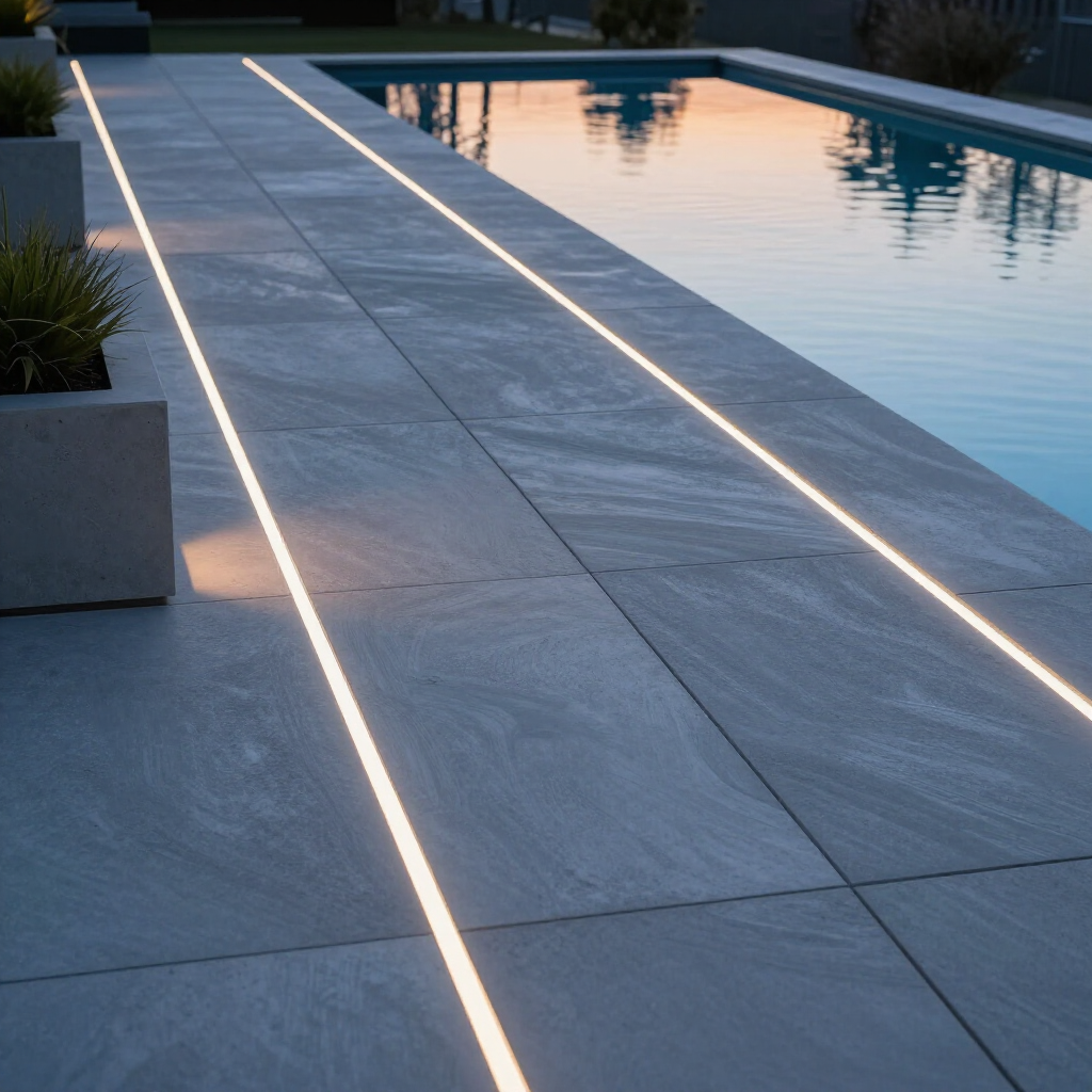 Glowing linear lights embedded in a stone patio beside a pool at dusk.