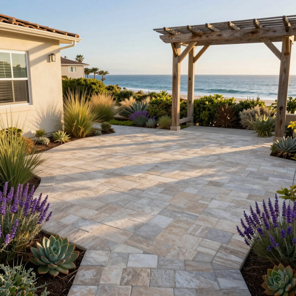 Coastal patio with pergola, stone pavers, and landscaping overlooking the ocean.