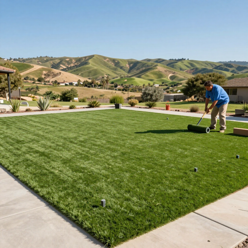 Man rolling artificial turf in a yard, rolling a turf carpet in a backyard with a mountain view.