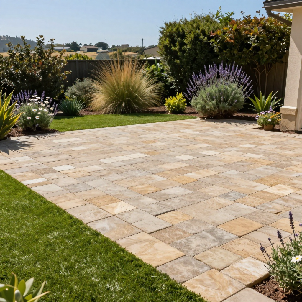 Patio paved with tan stones, surrounded by green lawn and flowering plants.