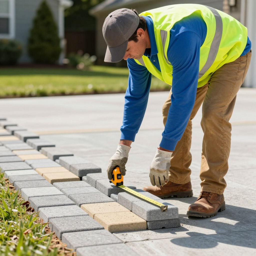 Construction worker measuring paving stones on a driveway.