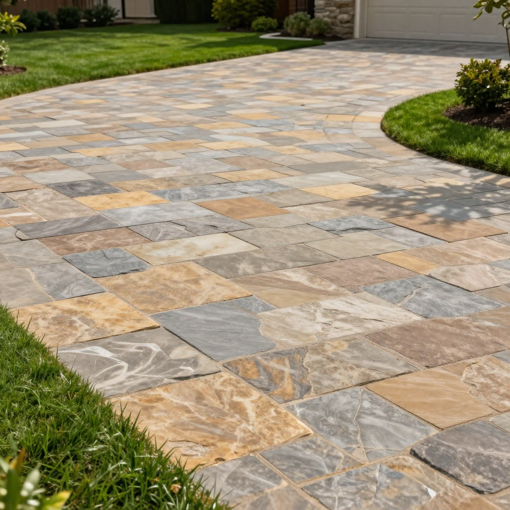 Stone paver driveway with green grass edges.